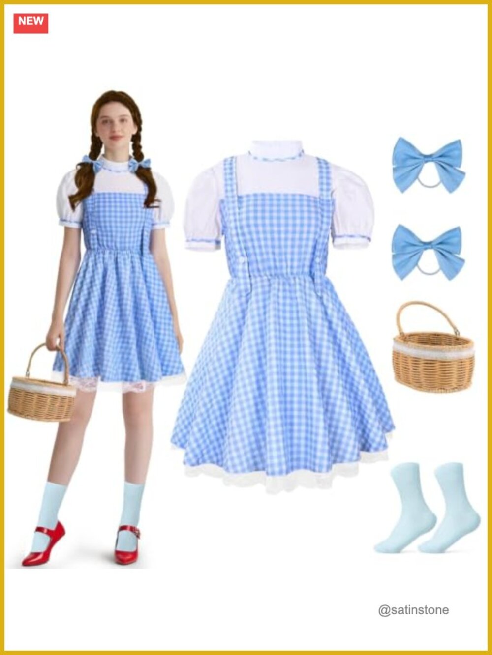 Halloween Story Book Character Costume Set Plaid Dress Basket Hair Ties Socks